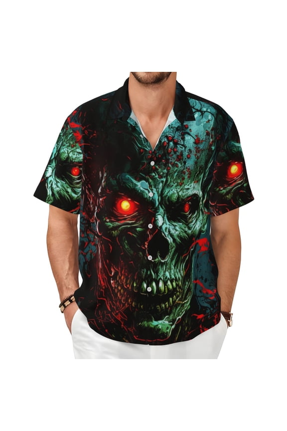 Mens Short Sleeve Casual Button Down Shirts Cuban Summer Dress, Skull Ghost Zombies Head Red Eyes Cool