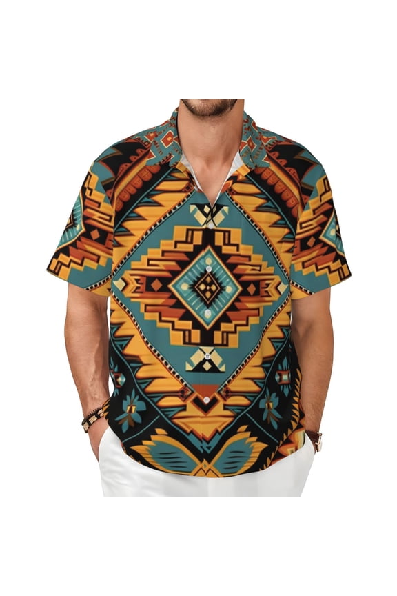 Mens Short Sleeve Casual Button Down Shirts Cuban Summer Dress, Southwest Tribal Indian Geometric