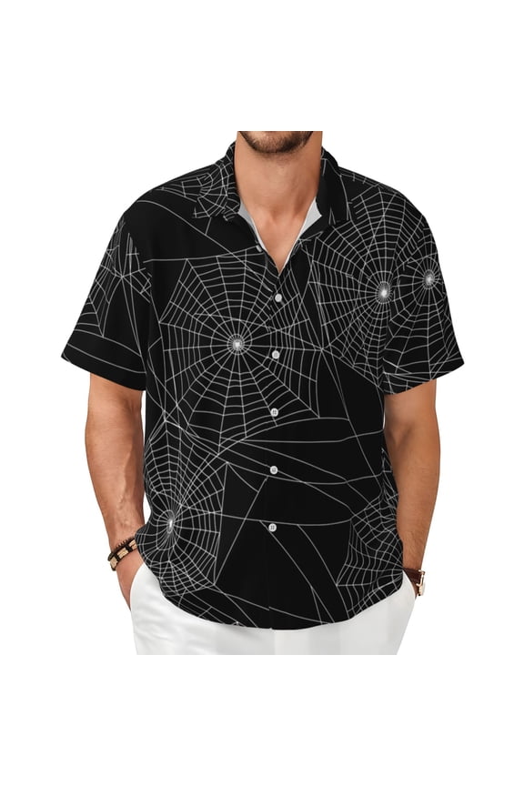 Mens Short Sleeve Casual Button Down Shirts Cuban Summer Dress, Spider Web Silhouette Halloween