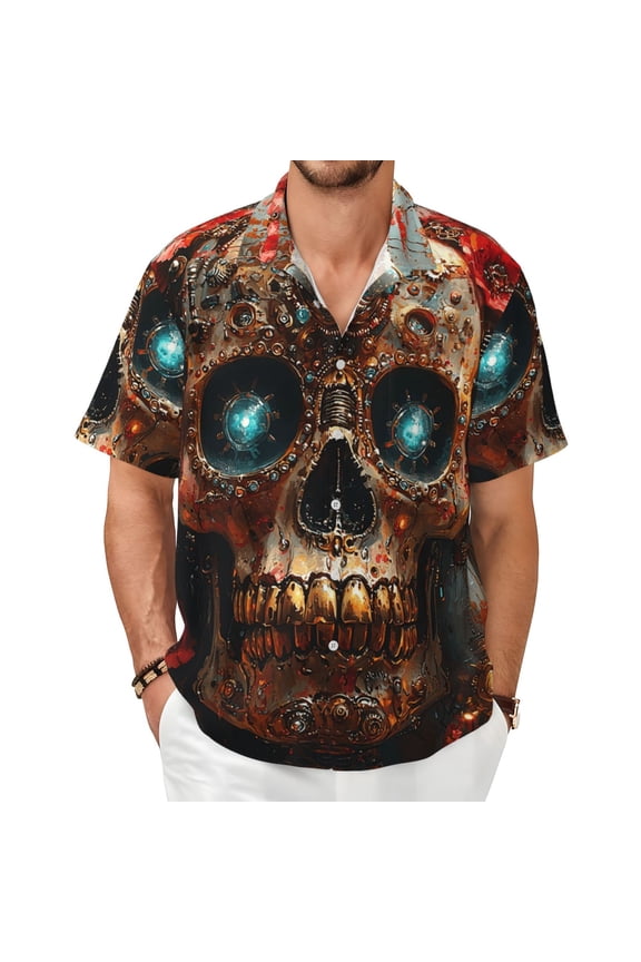 Mens Short Sleeve Casual Button Down Shirts Cuban Summer Dress, Sugar Skull Steampunk