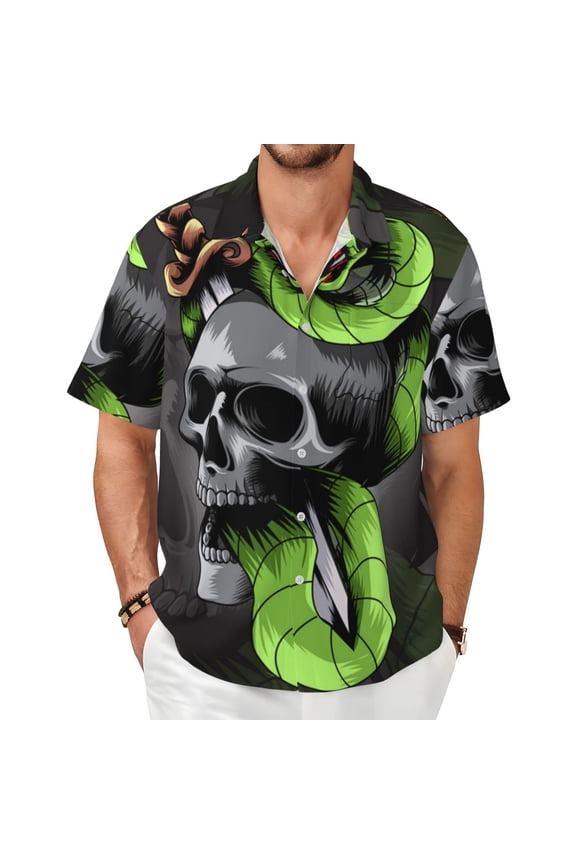 Mens Short Sleeve Casual Button Down Shirts Cuban Summer Dress, Sword Pierced Skull With Snake