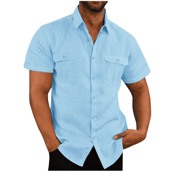 Mens Short Sleeve Classic Shirts Fishing Casual Regular-Fit Button-Up Collared Plaid Double Pocket Dress Shirt Top Tees Blouses M-5XL