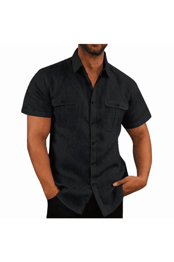 Mens Short Sleeve Classic Shirts Fishing Casual Regular-Fit Button-Up Collared Plaid Double Pocket Dress Shirt Top Tees Blouses M-5XL