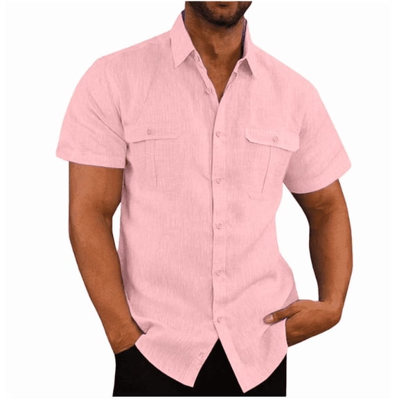 Mens Short Sleeve Classic Shirts Fishing Casual Regular-Fit Button-Up Collared Plaid Double Pocket Dress Shirt Top Tees Blouses M-5XL