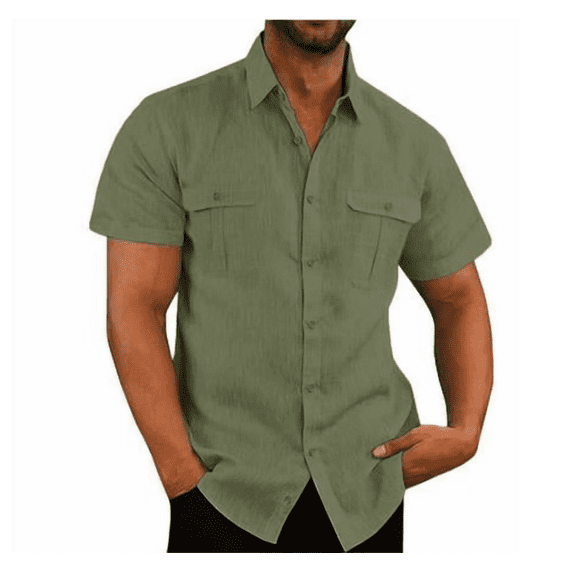 Mens Short Sleeve Classic Shirts Fishing Casual Regular-Fit Button-Up Collared Plaid Double Pocket Dress Shirt Top Tees Blouses M-5XL