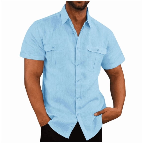 Mens Short Sleeve Classic Shirts Fishing Casual Regular-Fit Button-Up Collared Plaid Double Pocket Dress Shirt Top Tees Blouses M-5XL