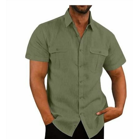 Mens Short Sleeve Classic Shirts Fishing Casual Regular-Fit Button-Up Collared Plaid Double Pocket Dress Shirt Top Tees Blouses Men Short Sleeve Shirts Button up Clearance Beach Wedding Shirt M-5XL