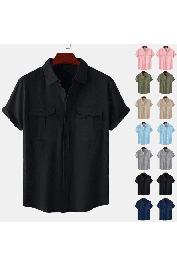 Mens Short Sleeve Classic Shirts Fishing Casual Regular-Fit Button-Up Collared Plaid Double Pocket Dress Shirt Top Tees Blouses Men Short Sleeve Shirts Button up Beach Wedding Shirt M-5XL