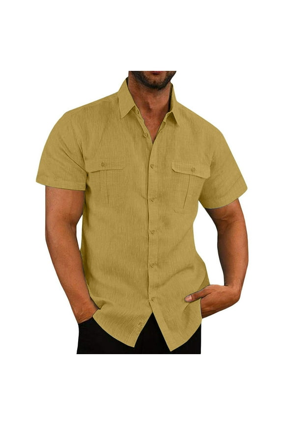 Mens Short Sleeve Classic Shirts Fishing Casual Regular-Fit Button-Up Collared Plaid Double Pocket Dress Shirt Top Tees Blouses Men Short Sleeve Shirts Button up Clearance Beach Wedding Shirt M-5XL