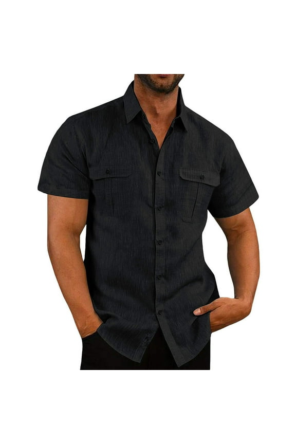 Mens Short Sleeve Classic Shirts Fishing Casual Regular-Fit Button-Up Collared Plaid Double Pocket Dress Shirt Top Tees Blouses Men Short Sleeve Shirts Button up Clearance Beach Wedding Shirt M-5XL
