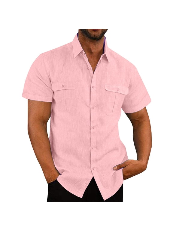 Mens Short Sleeve Classic Shirts Fishing Casual Regular-Fit Button-Up Collared Plaid Double Pocket Dress Shirt Top Tees Blouses Men Short Sleeve Shirts Button up Clearance Beach Wedding Shirt M-5XL