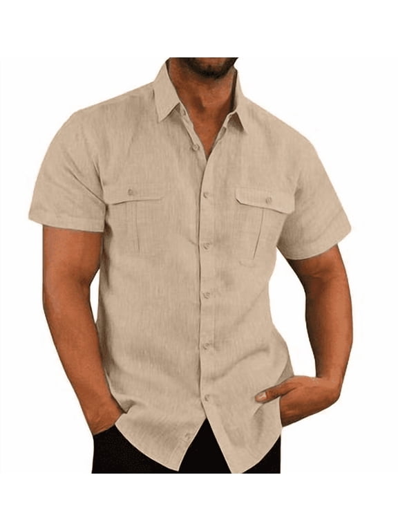 Mens Short Sleeve Classic Shirts Fishing Casual Regular-Fit Button-Up Collared Plaid Double Pocket Dress Shirt Top Tees Blouses Men Short Sleeve Shirts Button up Clearance Beach Wedding Shirt M-5XL