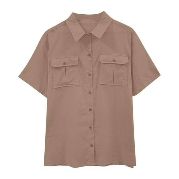 Mens Short Sleeve Classic Shirts Fishing Casual Regular-Fit Button-Up Collared Plaid Double Pocket Dress Shirt Top Tees Blouses