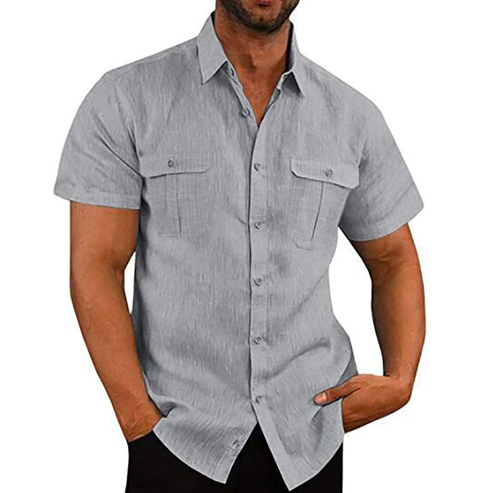 Mens Short Sleeve Classic Shirts Fishing Casual Regular-Fit Button-Up  Collared Plaid Double Pocket Dress Shirt Top Tees Blouses
