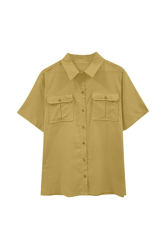 Mens Short Sleeve Classic Shirts Fishing Casual Regular-Fit Button-Up Collared Plaid Double Pocket Dress Shirt Top Tees Blouses