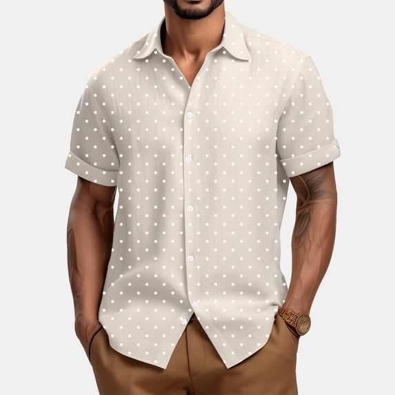 Mens Short Sleeve Collared Button Down Shirt Polka Dot Print Relaxed Fit Casual Beach Vacation Fashion Shirts Beige L