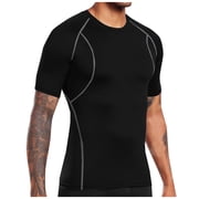 Mens Short Sleeve Compression Shirt Muscle Fit Tees Quick Dry Athletic Base Layer Workout Bodybuilding Tops Flatlock Seam Training Activewear Sportstyle