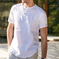 thumbnail image 1 of Mens Short Sleeve Cotton Linen Henley Shirt Causal Beach Holiday Tee Tops, 1 of 6