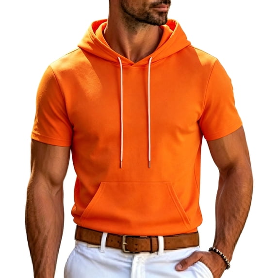 Mens Short Sleeve Drawstring Hoodie Cotton Moisture Wicking Hooded T-shirts Sweatshirts Lightweight Solid Tops with Kangaroo Pocket Size 2XL Orange