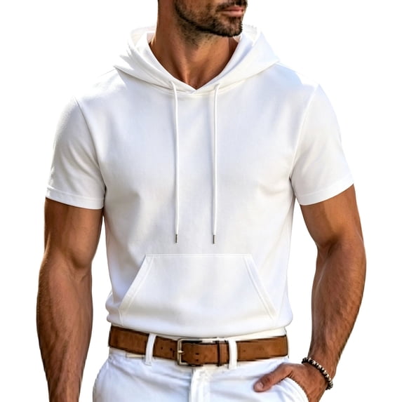 Mens Short Sleeve Drawstring Hoodie Cotton Moisture Wicking Hooded T-shirts Sweatshirts Lightweight Solid Tops with Kangaroo Pocket Size 2XL White