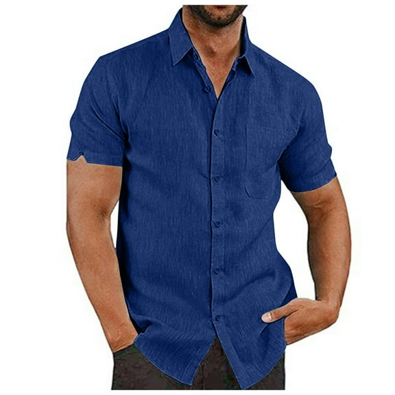Qwertyu Mens Short Sleeve Dress Fit Shirts Casual Wrinkle Free Shirt Plaid Collar Summer Button Down Shirts Royal Blue M
