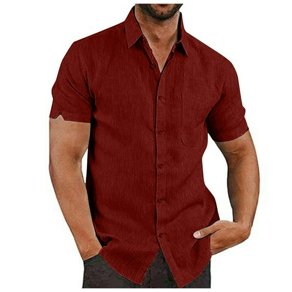 Qwertyu Mens Short Sleeve Dress Fit Shirts Casual Wrinkle Free Shirt Plaid Collar Summer Button Down Shirts Wine L