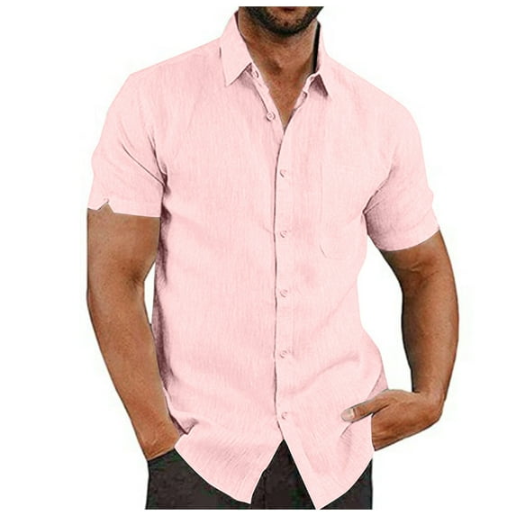 Qwertyu Mens Short Sleeve Dress Fit Shirts Casual Wrinkle Free Shirt Plaid Collar Summer Button Down Shirts Pink XL