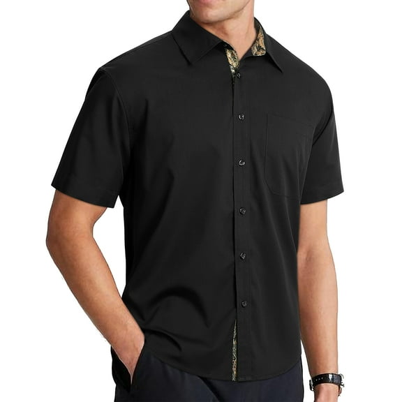 Mens Short Sleeve Dress Shirts Casual Button Down Shirt Inner Contrast Formal Business Shirt Black