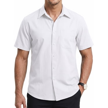 Short Sleeve Mens Dress Shirts Casual Solid Shirts for Men Regular Oxford White Tops with Pocket