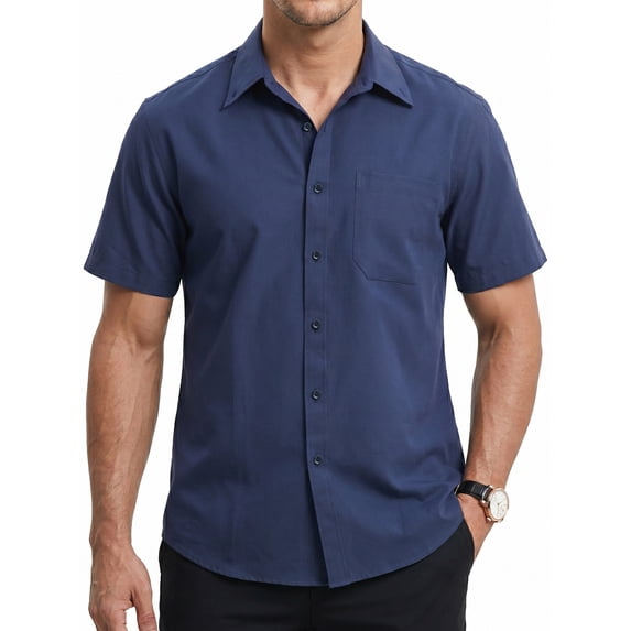 Short Sleeve Dress Shirts for Men Oxford Solid Casual Button Down Collar Shirt Navy Blue Formal Top