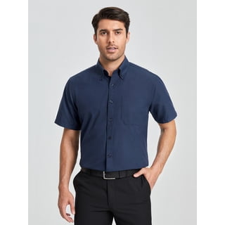 Short Sleeve Dress Shirts for Men Oxford Solid Casual Button Down Collar Shirt Navy Blue Formal Top