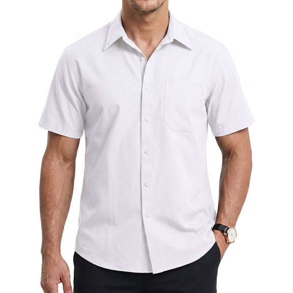 Short Sleeve Mens Dress Shirts Casual Solid Shirts for Men Regular Oxford White Tops with Pocket