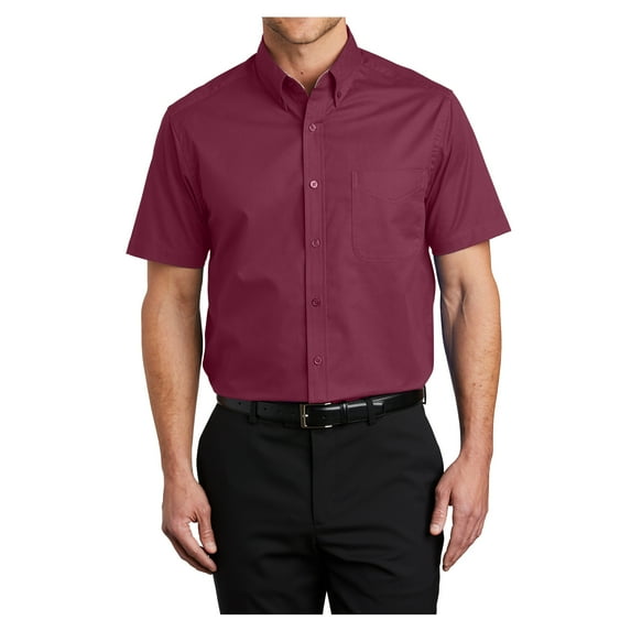 Mens Short Sleeve Easy Care Cotton/Polyester Shirt Burgundy/ Light Stone Small