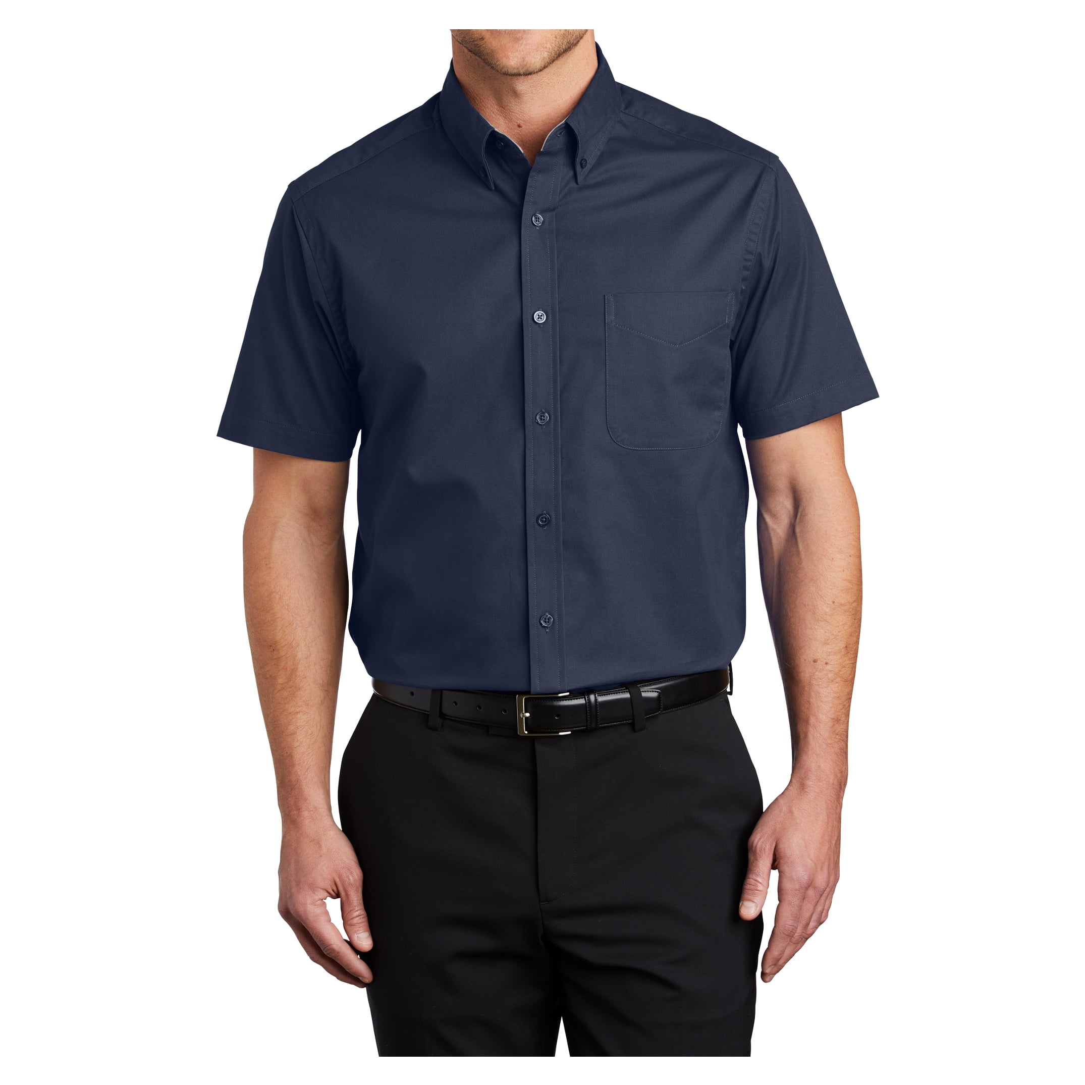 Mens Short Sleeve Easy Care Cotton/Polyester Shirt Navy/ Light