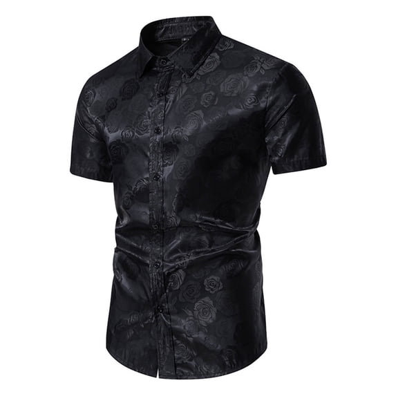 Mens Short Sleeve Fashion Button Up Shirt Rose Print Casual Slim Dress Shirt Black XXL