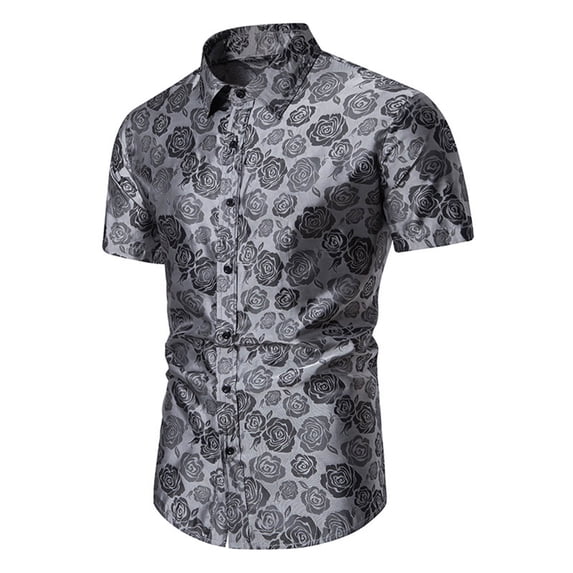 Mens Short Sleeve Fashion Button Up Shirt Rose Print Casual Slim Dress Shirt Gray XXL