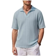 Mens Short Sleeve Golf Shirts V Neck Vertical Striped Jacquard Knit Collared T-Shirts, Summer Beach Vacation Tops Old Money Aesthetic Breathable Lightweight Casual Regular Fit Fashion Apparel