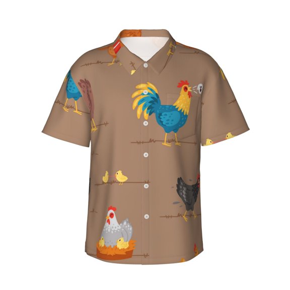 Mens Short Sleeve Hawaiian Shirt Summer Button-Down Beach Tops Breathable, Chicken Cartoon Chick Hen Music