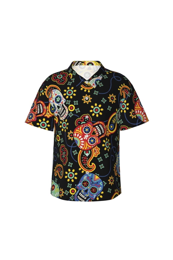Mens Short Sleeve Hawaiian Shirt Summer Button-Down Beach Tops Breathable, Mexican Skull Paisley