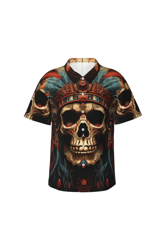 Mens Short Sleeve Hawaiian Shirt Summer Button-Down Beach Tops Breathable, Skull Indian Chief Black