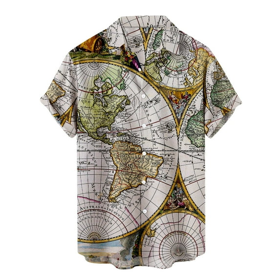 Mens Short Sleeve Hawaiian Tshirt World Map Print Button Up Tee Shirt Casual Bowling Shirt Lapel Beach Pocket Top