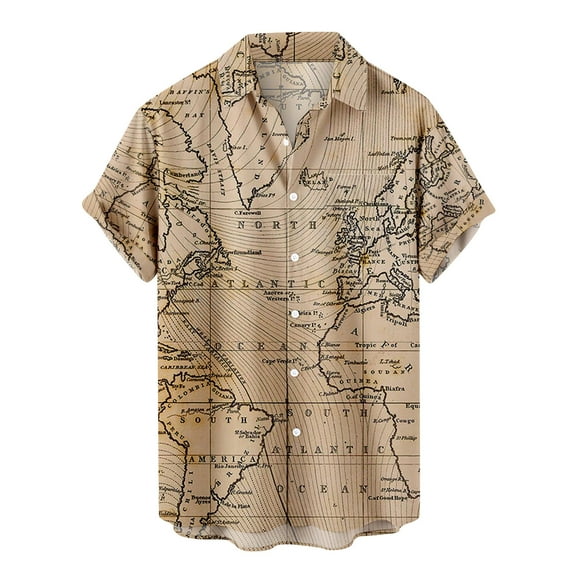 Mens Short Sleeve Hawaiian Tshirt World Map Print Button Up Tee Shirt Casual Bowling Shirt Lapel Beach Pocket Top
