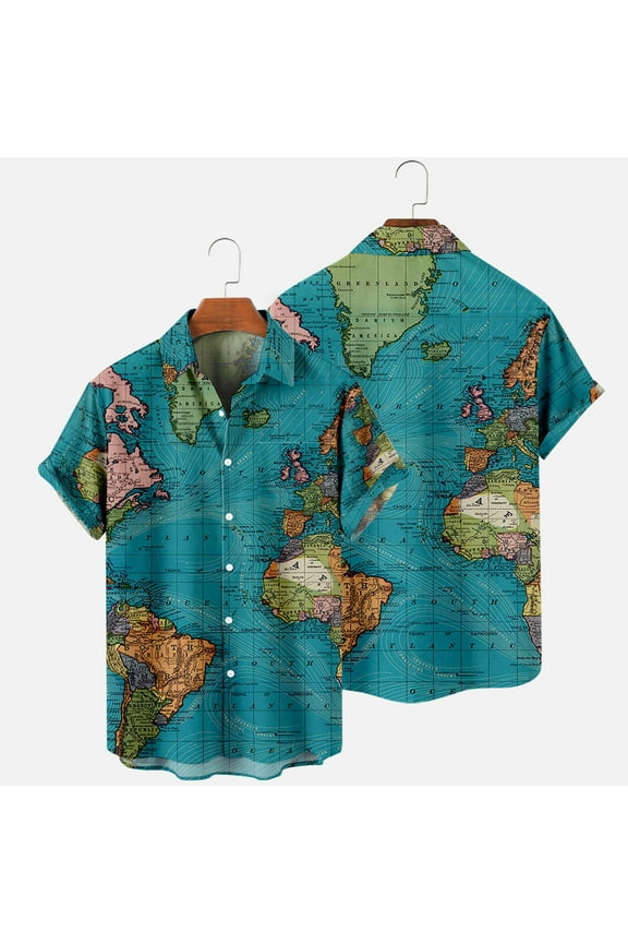 Mens Short Sleeve Hawaiian Tshirt World Map Print Button Up Tee Shirt Casual Bowling Shirt Lapel Beach Pocket Top