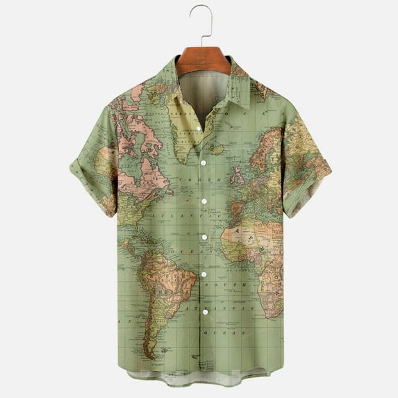 Mens Short Sleeve Hawaiian Tshirt World Map Print Button Up Tee Shirt Casual Bowling Shirt Lapel Beach Pocket Top