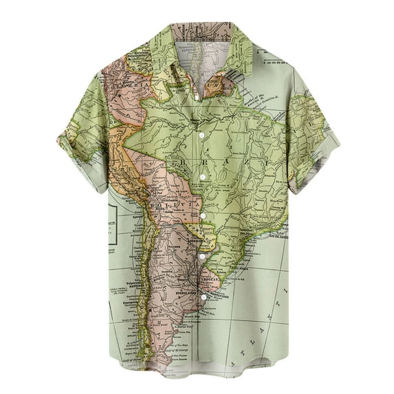 Mens Short Sleeve Hawaiian Tshirt World Map Print Button Up Tee Shirt Casual Bowling Shirt Lapel Beach Pocket Top
