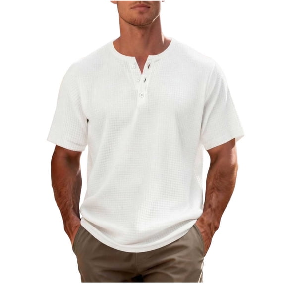 Mens Short Sleeve Henley Shirts Casual Button Waffle Knit T-Shirts Summer Classic Breathable Tee Shirts