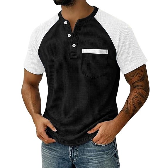 Mens Short Sleeve Henley Shirts Casual Waffle Knit Colorblock Raglan T-Shirts, Summer Leisure Lounge Tops with Pocket Quick Dry Breathable Outdoor Fashion Tee
