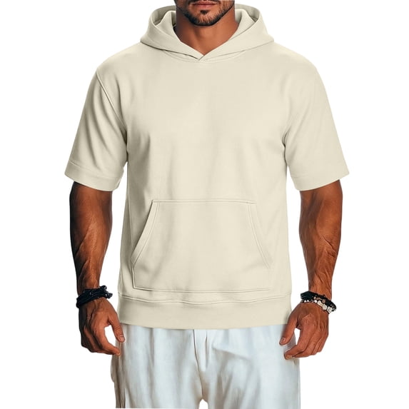 Mens Short Sleeve Hooded Sweatshirts,Lightweight Vintage Style Casual Pullover for Summer Sports and Lounge Beige XL