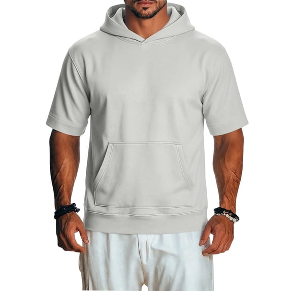 Mens Short Sleeve Hooded Sweatshirts,Lightweight Vintage Style Casual Pullover for Summer Sports and Lounge Light Gray L