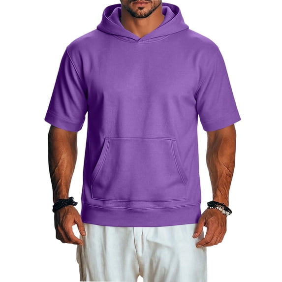 Mens Short Sleeve Hooded Sweatshirts,Lightweight Vintage Style Casual Pullover for Summer Sports and Lounge Purple 4XL